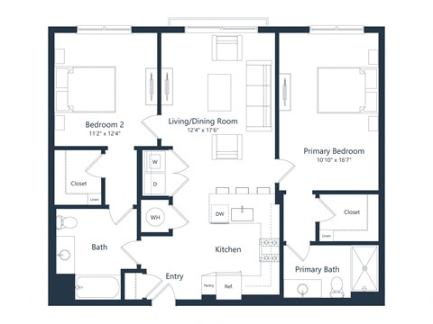 Floor plan for 2 beds, 2 baths, 1086 sqft